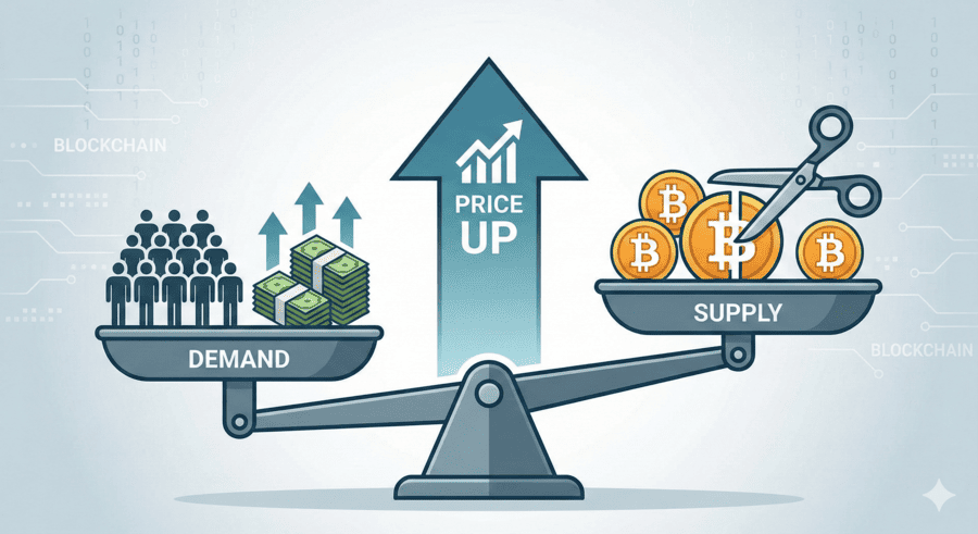 半減期の需給バランスを示す図解。左に需要、右にハサミで切られる供給、中央に価格上昇の矢印。