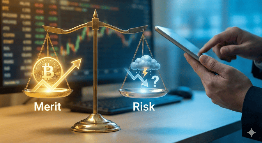 天秤の左側に上昇の矢印とビットコインのロゴ（Merit）、右側に下落の矢印と雷雲のアイコン（Risk）が載っている画像。背景には株価チャートのモニターと、スマートフォンを操作する人物の手元が描かれ、投資のメリットとリスクのバランスを象徴している。