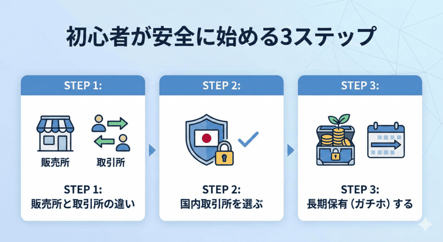 初心者がビットコインを始める手順を3ステップ（販売所と取引所の違い、国内取引所の選択、長期保有）で示した図解画像。