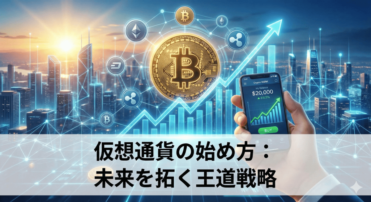 仮想通貨投資の始め方と王道戦略を解説する記事のアイキャッチ画像。上昇チャート、スマホの取引画面、ビットコインとアルトコインのロゴが描かれ、「仮想通貨の始め方：未来を拓く王道戦略」というタイトル文字が含まれている。