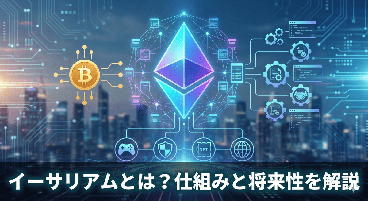 イーサリアムのロゴを中心に、ビットコイン、契約、ゲーム、NFTなどのアイコンがネットワークで繋がっているイメージ画像。「イーサリアムとは？仕組みと将来性を解説」という日本語のタイトルが入っているアイキャッチ。