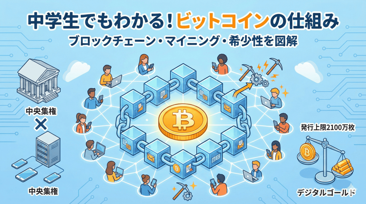 中央に繋がるブロックチェーンとビットコイン、周囲で監視する人々とマイニングの様子、発行上限とデジタルゴールドを比較する天秤が描かれた、初心者向けの仕組み解説イラスト