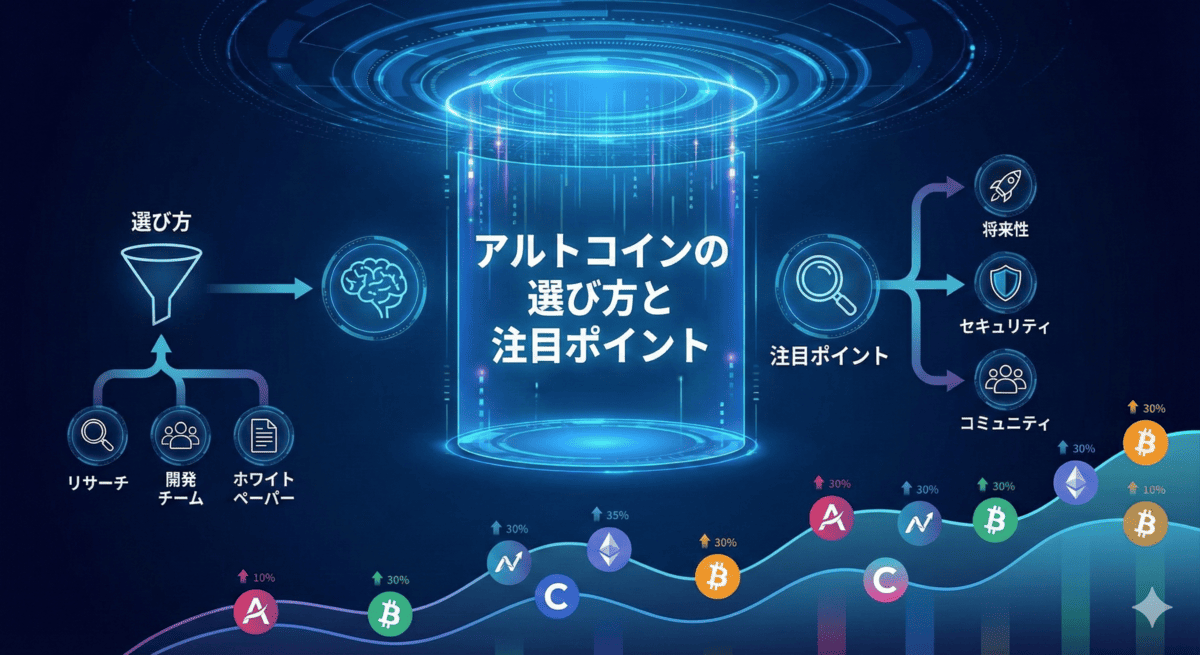 アルトコインの選び方と注目ポイントの図解。