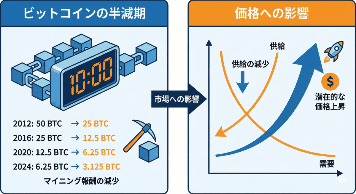 ビットコインの半減期と、それが価格上昇につながる仕組みを図解したイラスト。