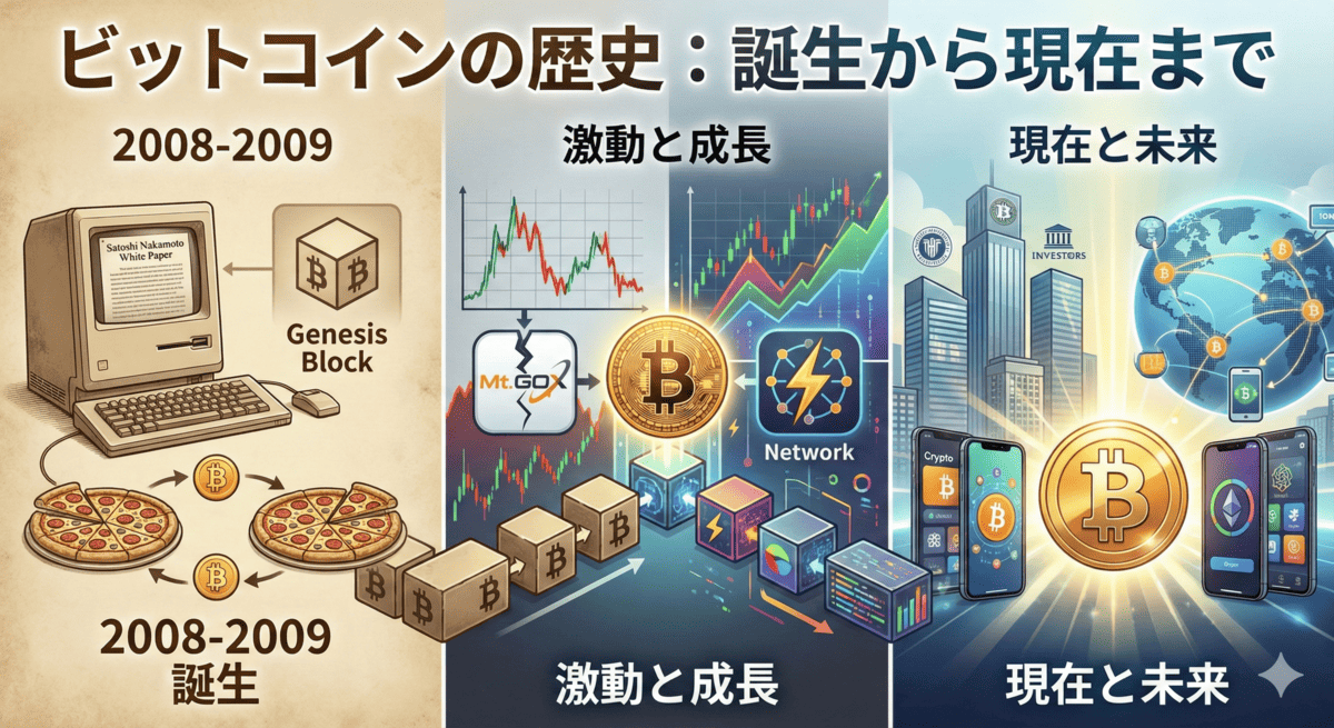 ビットコインの歴史を「誕生」「激動と成長」「現在と未来」の3つの時代に分けて描いた年表イラスト。それぞれの時代を象徴するアイテムや出来事が、ブロックチェーンで繋がって表現されている。