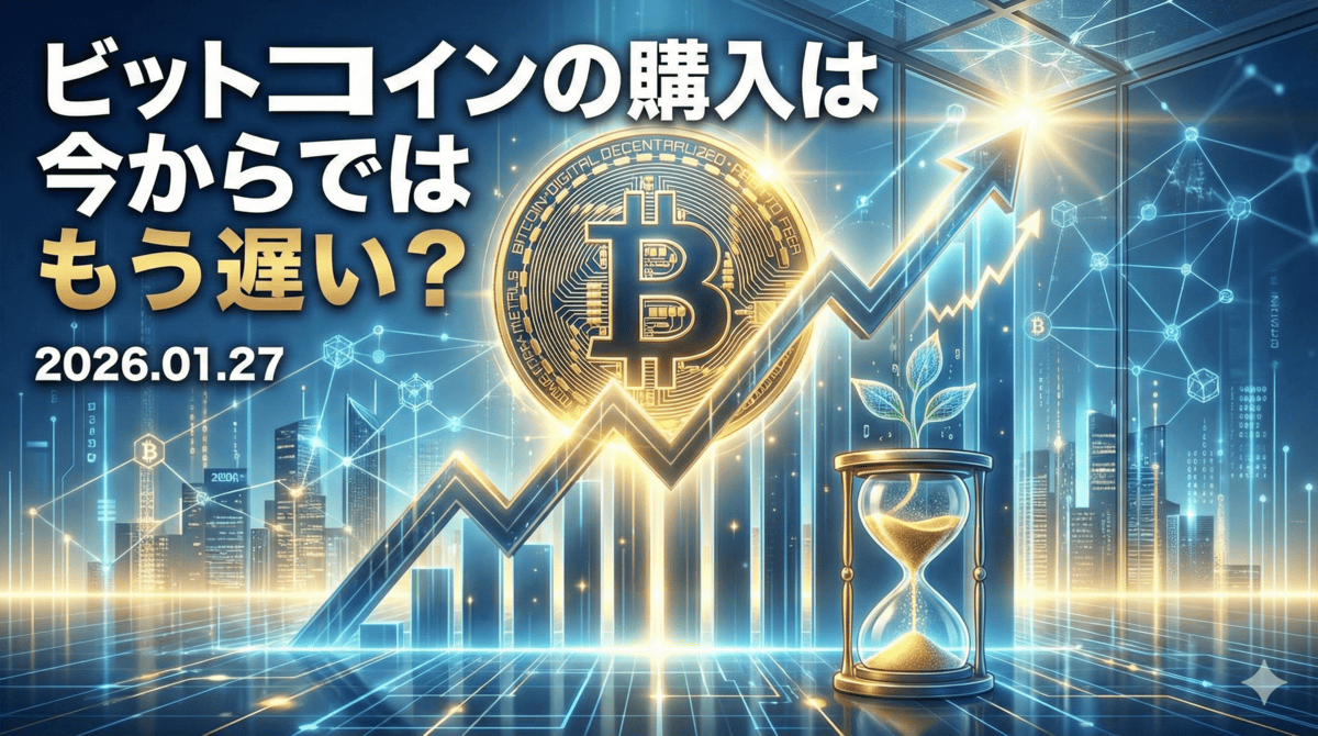 上昇する右肩上がりのグラフとビットコインのロゴ、そして「ビットコインの購入は今からではもう遅い？ 2026.01.27」というタイトルテキストが描かれたアイキャッチ画像。背景には近未来的な都市とデジタルネットワークが広がり、手前には成長する若葉が入った砂時計が配置され、長期的な資産形成を象徴している。