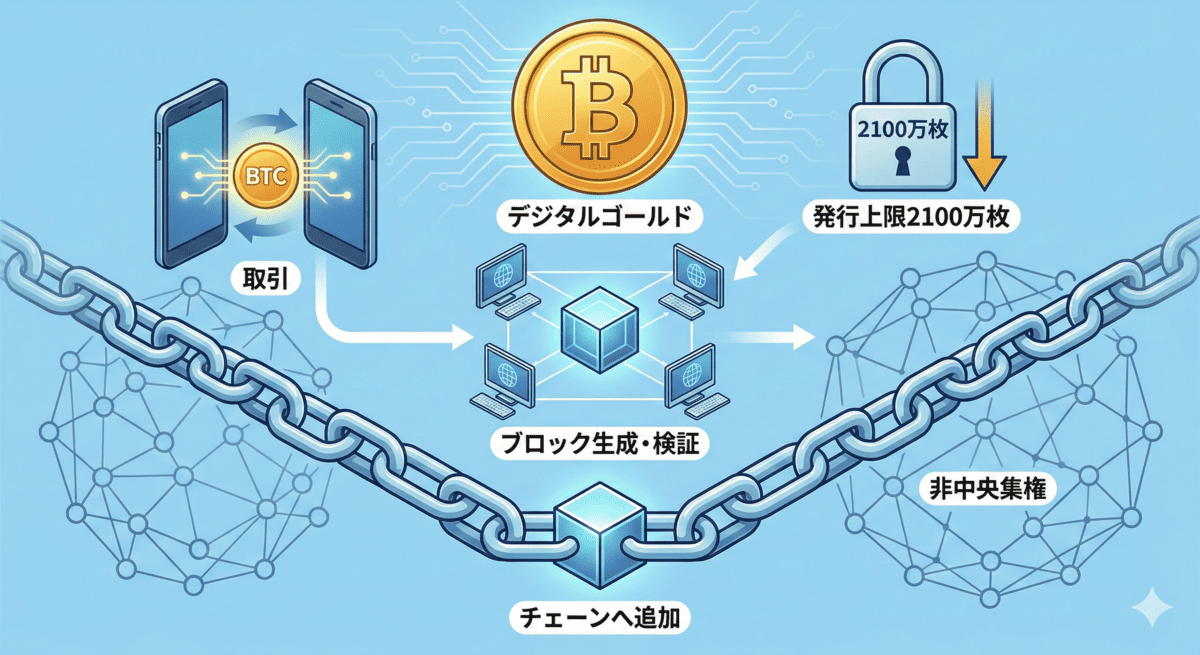 ビットコインの希少性と取引承認からブロックチェーン接続までを表現した図解。