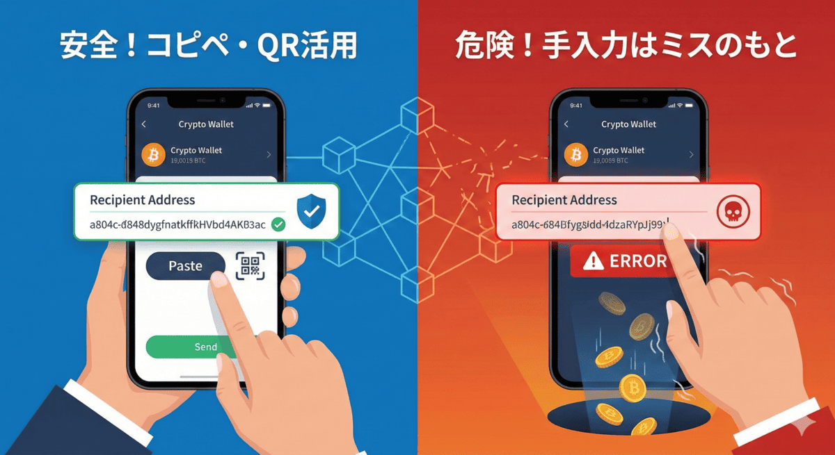 暗号資産送金における「安全なコピペ・QR活用」と「危険な手入力」を比較したイラスト。
