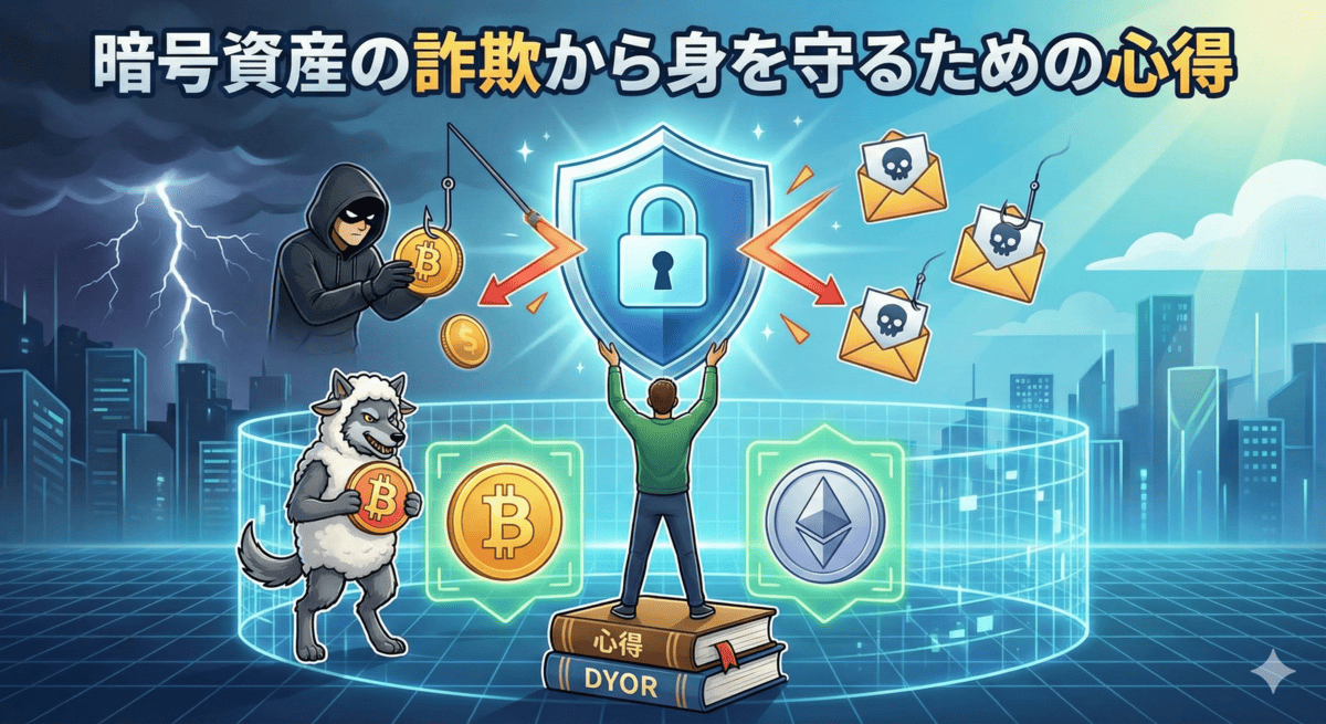 盾を持った人物が、ハッカー、羊の皮を被った狼、フィッシングメールなどの脅威から、ビットコインやイーサリアムのアイコンを守っているイラスト。「心得」「DYOR」と書かれた本の上に立っている。
