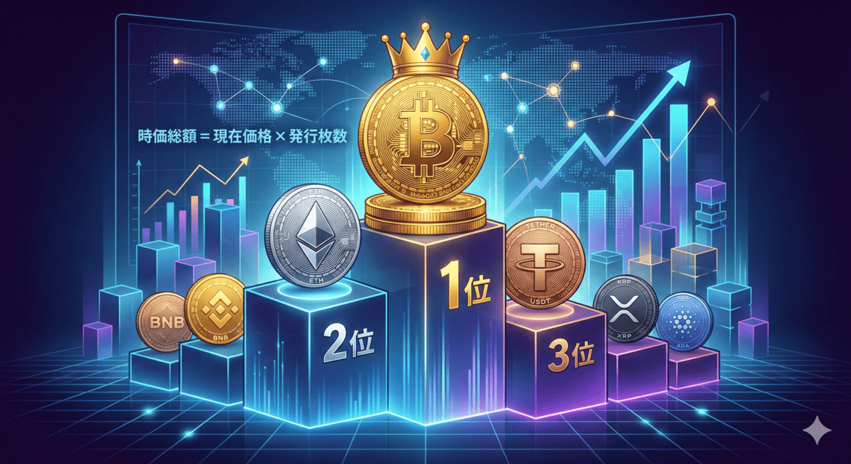 暗号資産の時価総額ランキングを表す表彰台のイラスト。王冠を被った1位のビットコイン、2位のイーサリアム、3位のテザーが配置され、背景には市場の成長を示すチャートと「時価総額 = 現在価格 × 発行枚数」の計算式が表示されている。