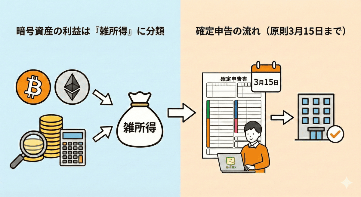 暗号資産の利益が「雑所得」に分類される仕組みと、3月15日を期限とする確定申告の流れを示した図解。