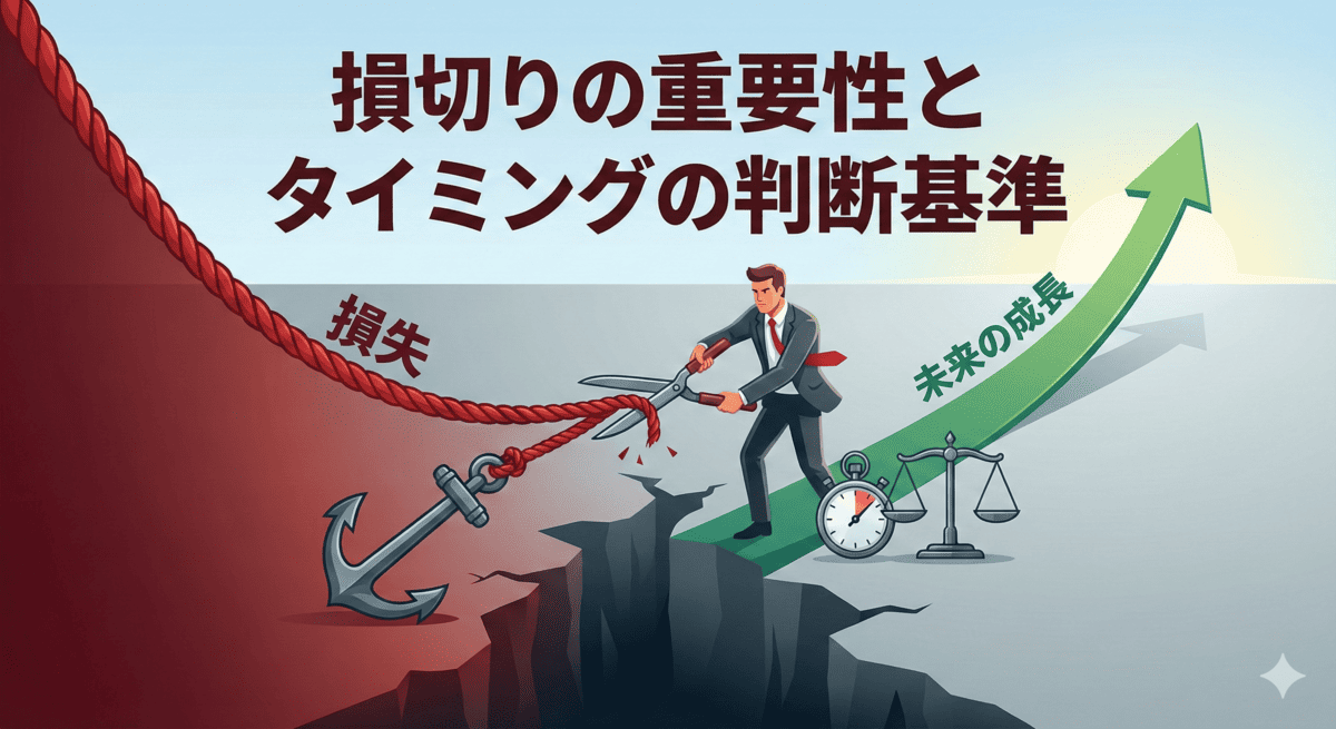 投資家が「損失」のアンカーを切り離し、「未来の成長」へ向かう様子を描いたイラスト。