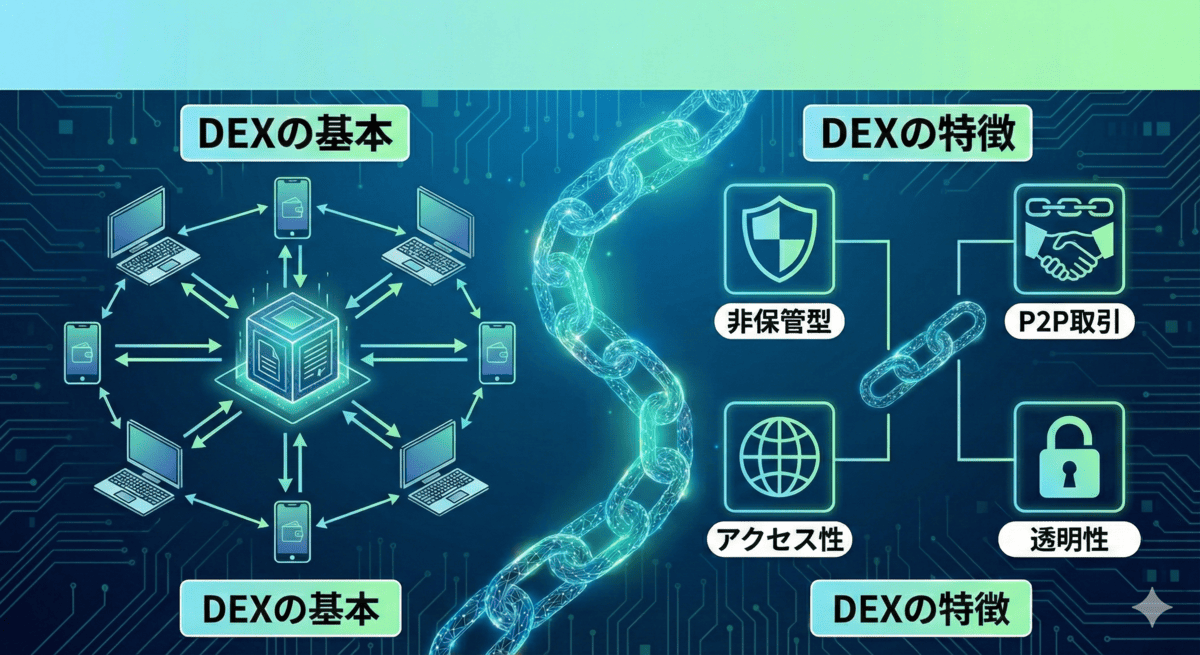 分散型取引所（DEX）の基本と特徴を示す図解。