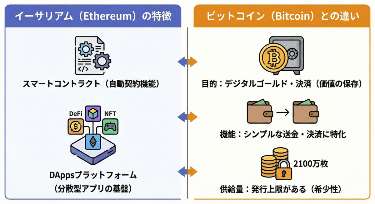 イーサリアムのスマートコントラクト機能と、ビットコインの目的や発行上限の違いを比較したインフォグラフィック。