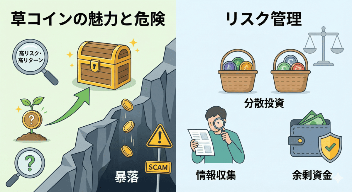 草コイン投資の魅力・危険とリスク管理方法の比較図。