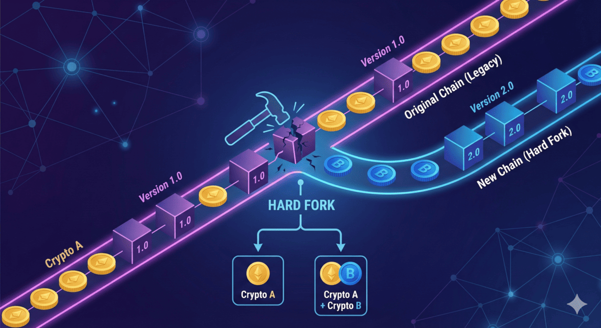 暗号資産のハードフォークによるブロックチェーン分岐と新通貨誕生の図解。