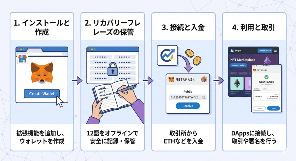 MetaMaskの作成と使い方の4ステップ図解。