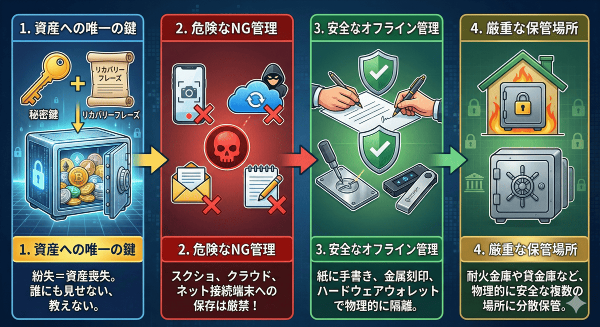 秘密鍵とリカバリーフレーズの管理術の図解。