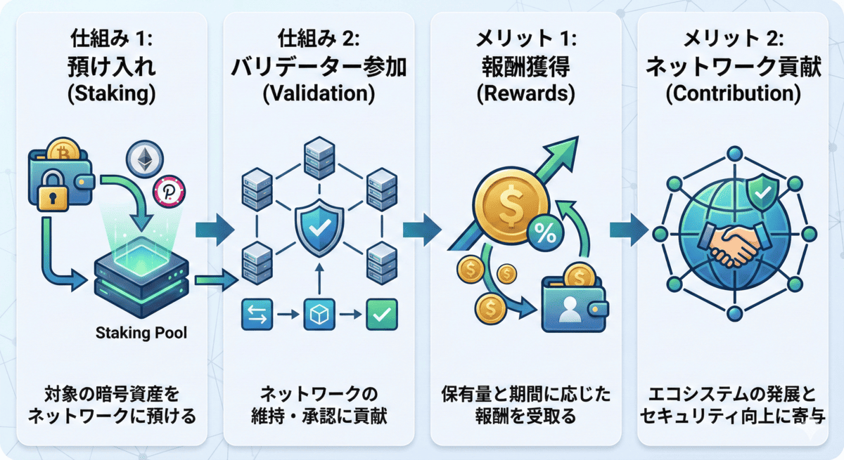 ステーキングの仕組みとメリットの図解。