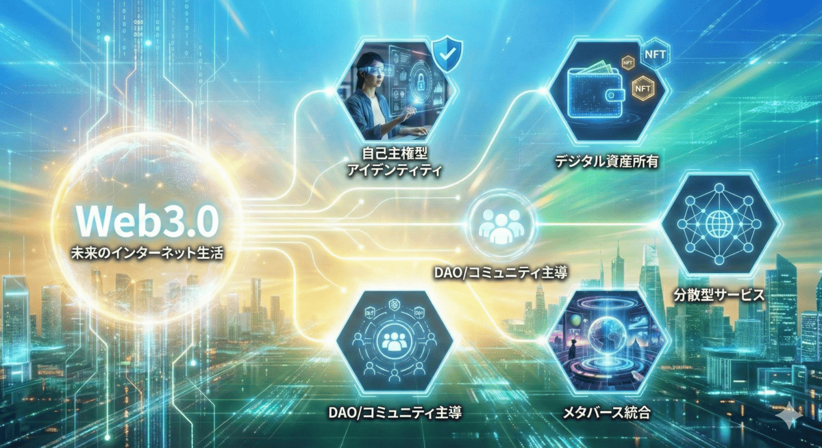 Web3.0が実現する輝かしい未来のインターネット生活の概念図。