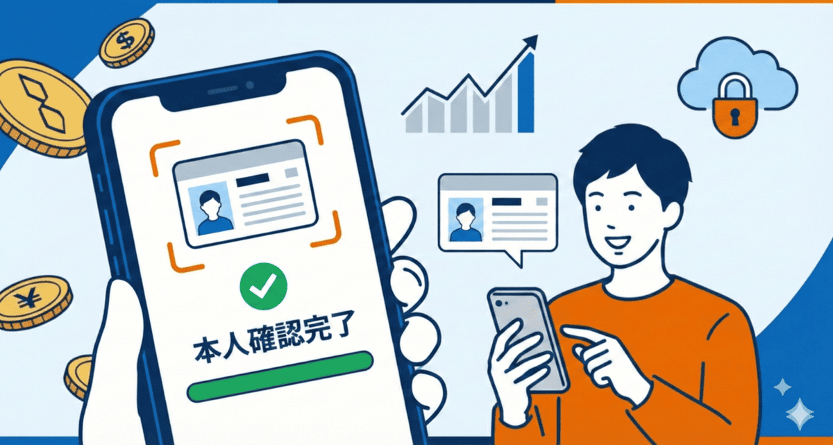 スマホで本人確認を完了したイラスト。背景には上昇グラフ、南京錠、仮想通貨のコイン。