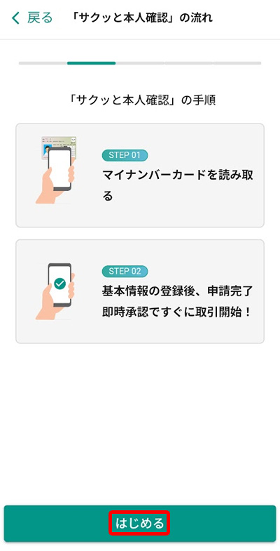 「サクッと本人確認」の流れと手順説明画面（「はじめる」ボタンの選択箇所の強調）