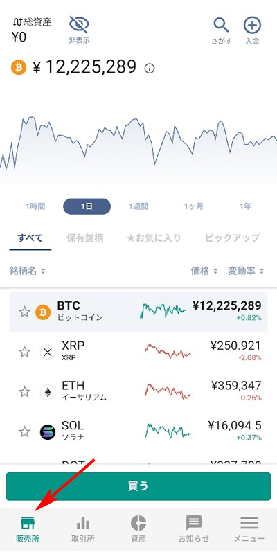 bitbankの販売所画面（銘柄一覧の最下部にある「販売所」アイコンの選択箇所）